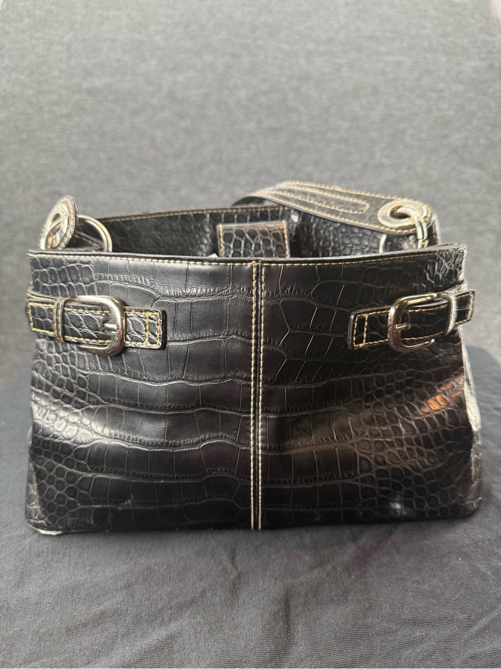 Tommy Hilfiger Black Croc-Embossed Shoulder Bag with Buckle Detail